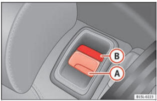 Sedile posteriore: tasto di sbloccaggio A ; contrassegno rosso B .