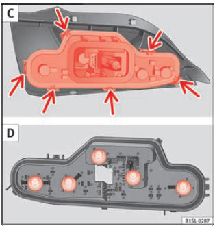  Gruppo ottico posteriore: C: smontare il portalampada, D: smontare le lampadine
